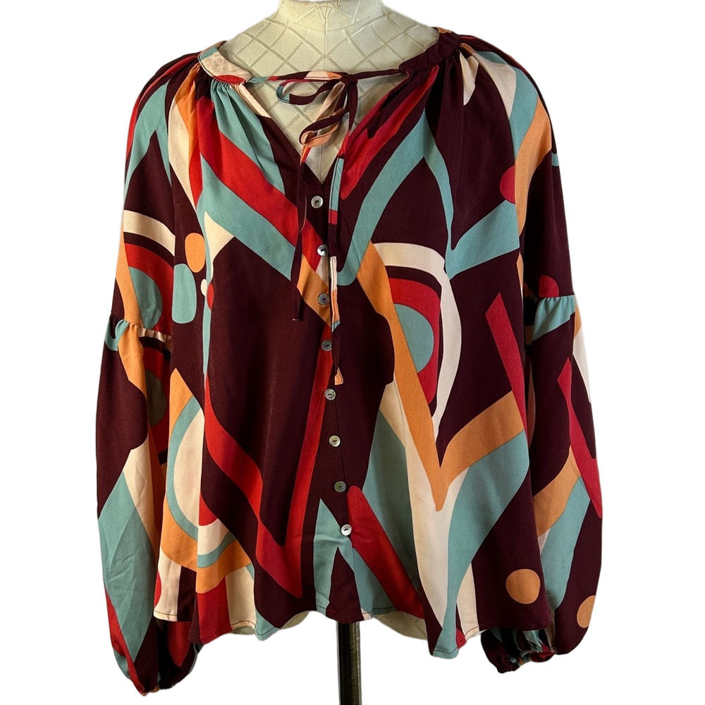 August Sky Geometric pull over long sleeve, Blouse  Balloon Sleeve Size Medium